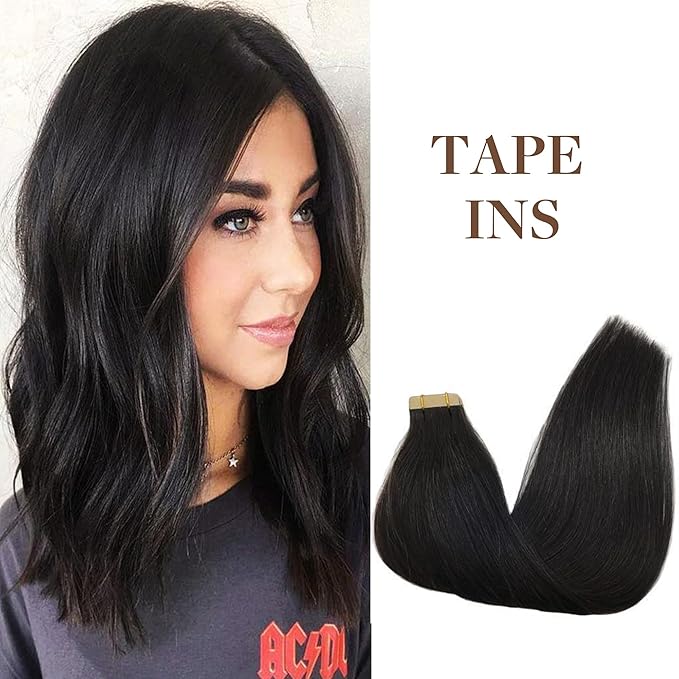 GOO GOO Tape in Hair Extensions Human Hair, 1B Natural black, 18inch 25g 10pcs, Skin Weft Seamless Invisible, Silky Straight with Thick Ends, Remy Human Hair