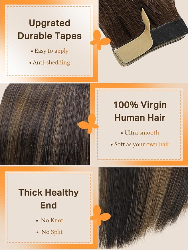 DOORES Tape in Hair Extensions Human Hair, Dark Brown to Chestnut Brown 12 Inch 20g 10pcs, Human Hair Extensions Natural Remy Hair Straight Hair Thick Natural