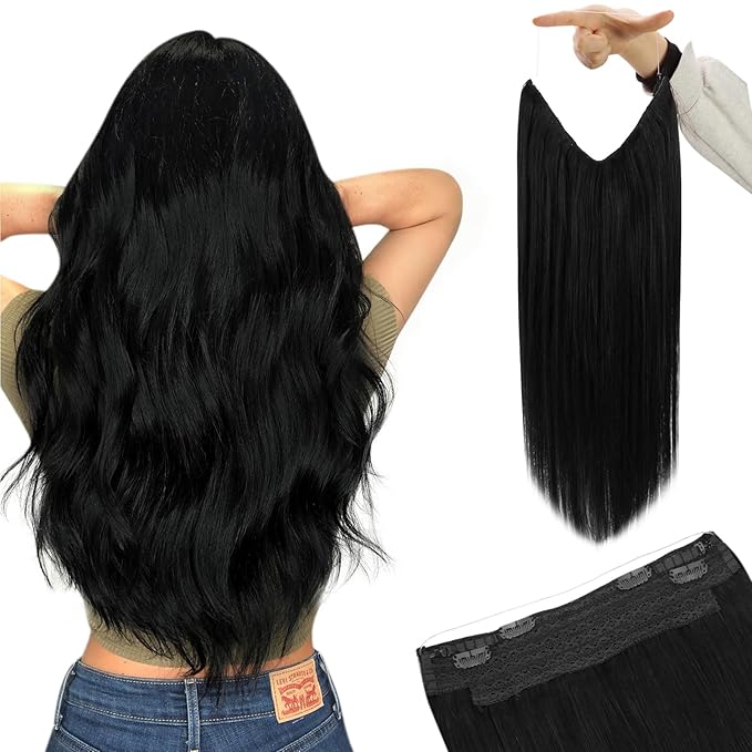 YoungSee 130G Wire Hair Extensions Real Human Hair Black Wire Hair Extensions for Women Jet Black Headband Hair Extension Human Hair 22inch