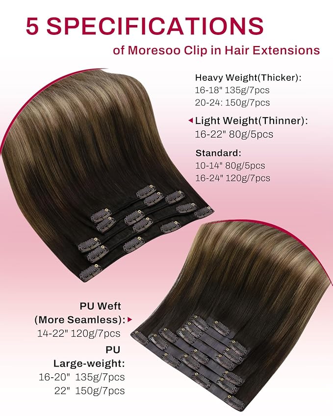 Moresoo Clip in Hair Extensions Ombre Dark Brown to Dark Ash Blonde with Blonde Balayage Hair Extensions Clip in Human Hair Double Weft 5pcs/80g 16inch
