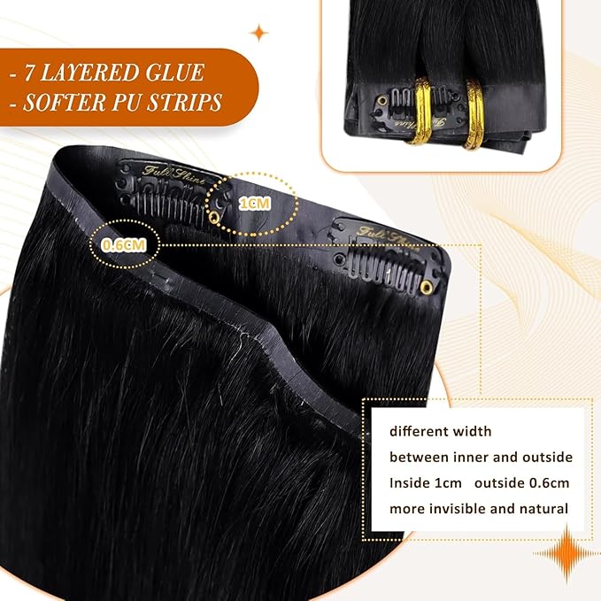 Full Shine Black Clip in Hair Extensions 18 Inch Seamless Clip ins Extensions Real Human Hair Black Human Hair Extensions for Women with PU Weft Softness 8 PCS 120 G