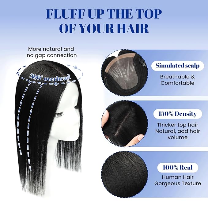 WORLDSTAR Hair Toppers for Women Real Human Hair No Bangs 6 * 7 Inch Base 16 Inch 75g #1 Jet Black 360°3D for Thinning 150% Density Hairpieces Long Coverage Wiglet for Daily Use (tp#1-16
