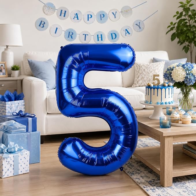 Navy Blue Balloon Number 5, 40 Inch Large Self Inflating Foil Mylar Number by KAINSY