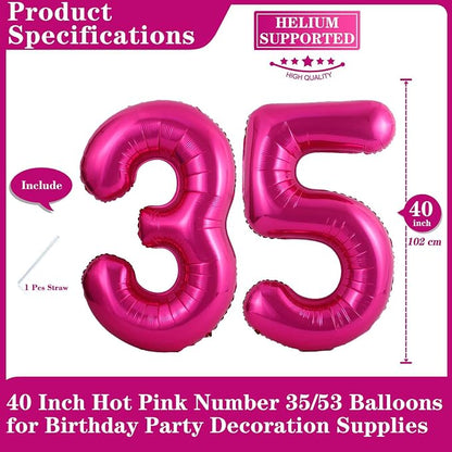 Hot Pink 35 Number Balloons, 40 Inch Giant Number 35 Balloons Foil Mylar Helium - Image 2