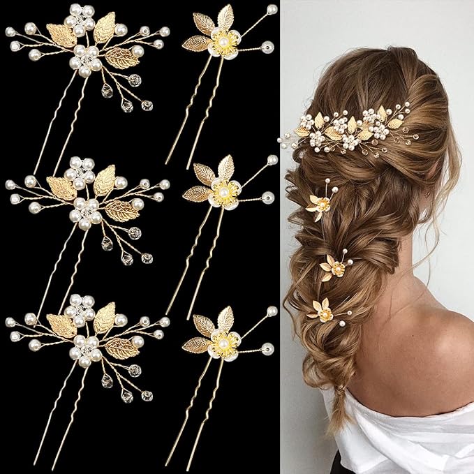 6 Pieces Bridal Wedding Hair Pins Gold Leaf Crystal Pearl Hair Pins Clips Headpiece Vintage Wedding Hair Accessories Jewelry with Rhinestone for Brides Bridesmaids Flower Girls (Elegant)