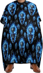 Full Coverage Hair Styling Cape, Blue Fire Flame Skull Professional Hair Cutting Apron Haircuting Salon Cape Gown for Barbers