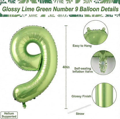 Light Green Number 9 Balloon 40 Inch, Glossy Metallic Digit Party Supplies | - Image 4