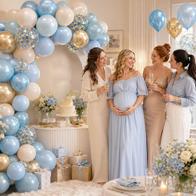 Paready Blue Balloons Set, 12 Inch Confetti Baby Blue Gold Metallic Balloon - Image 4
