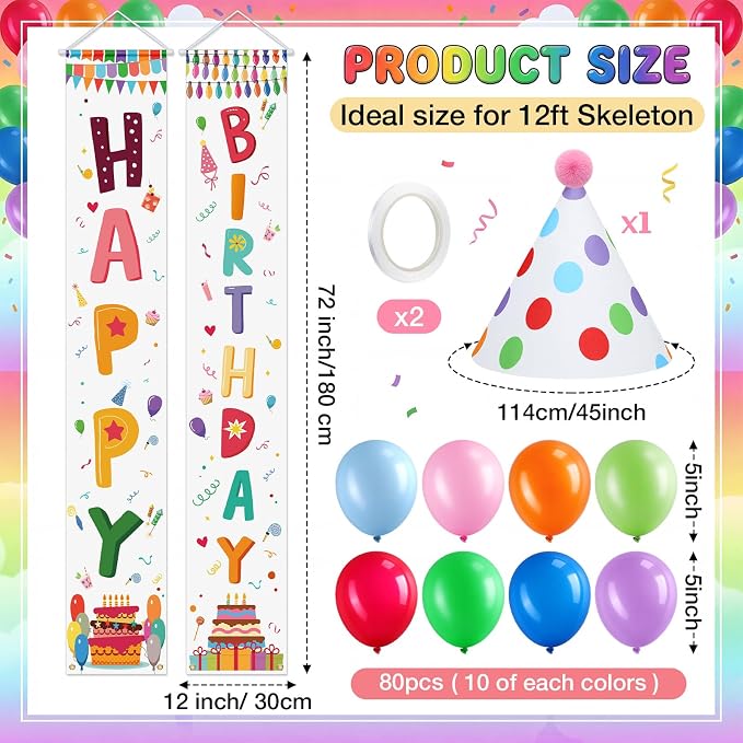 82 Pcs 12 ft Skeleton Birthday Costume Accessories Include Happy Birthday - Image 2