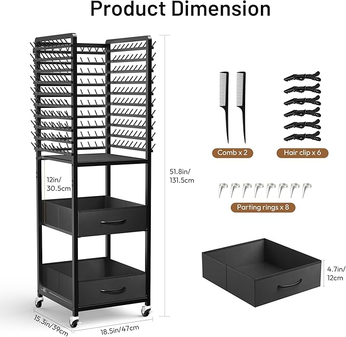 300 Pegs Braiding Rack with Large Drawers, 3-Sided Hair Rack with Wheels and 16 Braiding Tools, Hair Extension Holder 52 Inch Height for Hair Salon, Home