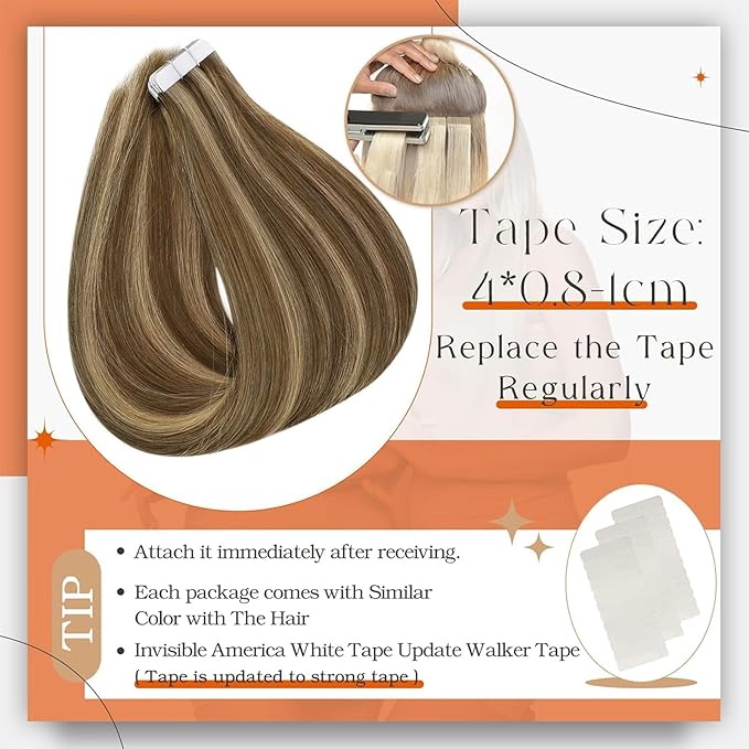 Full Shine Tape in Hair Extensions Human Hair 16 Inch Color 4 Brown Highlighted 27 Blonde Invisible Skin Weft Tape Extensions Adhesive Extension 50 Gram 20Pcs PU Tapes Natural Straight for Women