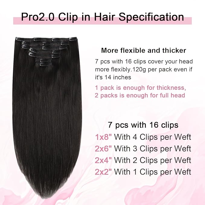 Pro2.0 Clip in Hair Extensions Real Human Hair 120g Thick 7pcs Color #1B Natural Black Remy Real Human Hair Extensions Clip ins 14inch Seamless Double Weft for Women（#1B-14inch）