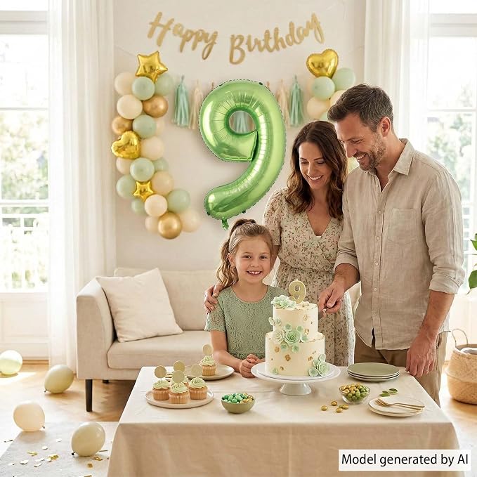 Light Green Number 9 Balloon 40 Inch, Glossy Metallic Digit Party Supplies | - Image 7