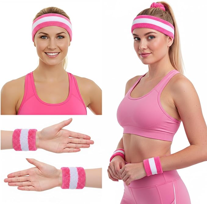 3 Pcs Sweat Band Set, 1 Pcs Headband and 2Pcs Wristbands, Pink Strips Sweatbands for Women Sports Fitness 80s Costumes Accessories(Pink)