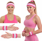3 Pcs Sweat Band Set, 1 Pcs Headband and 2Pcs Wristbands, Pink Strips Sweatbands for Women Sports Fitness 80s Costumes Accessories(Pink)