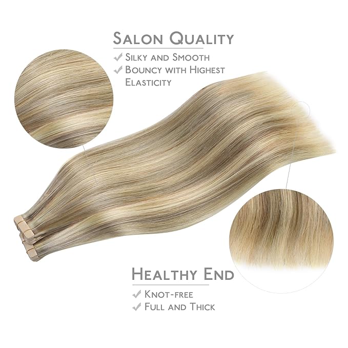 WENNALIFE Tape in Hair Extensions Human Hair, 40pcs 80g 12 inch Ash Brown with Platinum Blonde Highlights Hair Extensions Real Human Hair Straight Tape in Extensions Invisible Human Hair Extensions