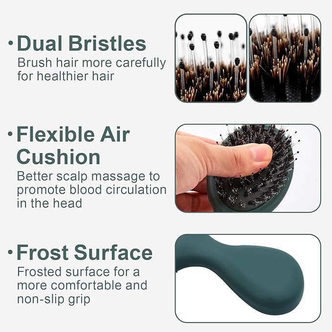 Mini Boar Bristles Hair Bursh, Travel Size Hair Brush for Women Men Kids, Protable Small Hair Brushes for Pockets Purses, Mini Hair Brush for Smooth Add Shine (1 Pack-Green)