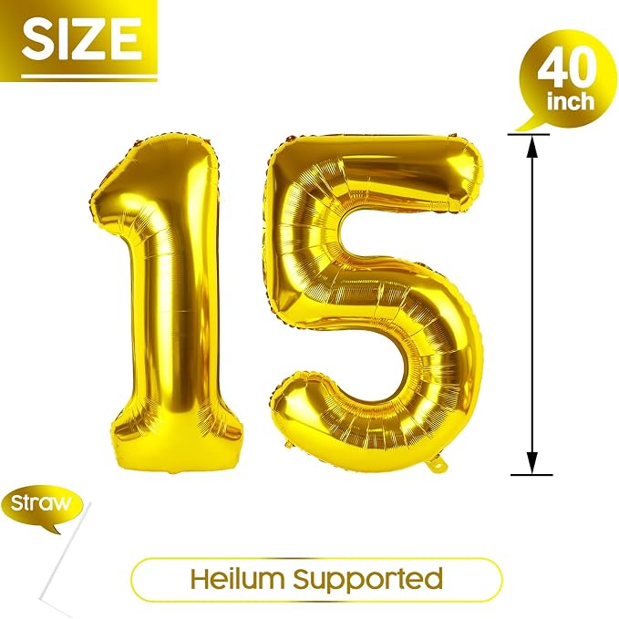 15 Balloon - Gold Birthday Number Balloons, 40 Inch Decorations Men Women | - Image 5
