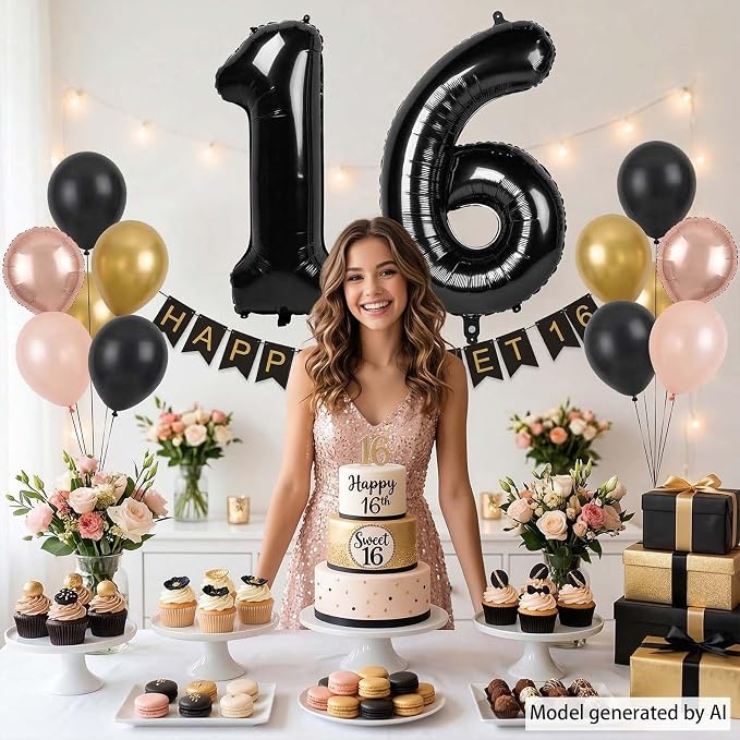 Black Number 16 Balloon 40 Inch, Foil Numeral - Image 2