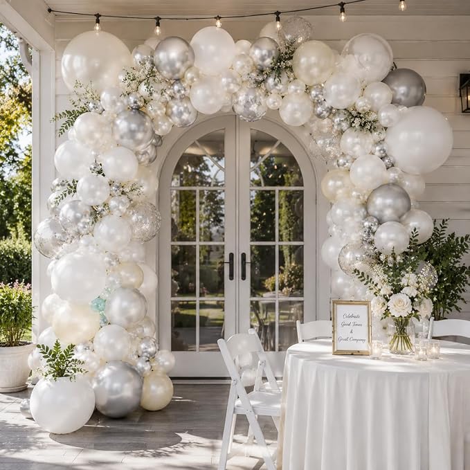 White and Silver Balloon Arch Kit, Double Stuffed Pearl Sand White Metal Silver - Image 3