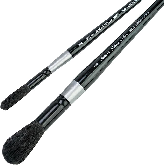 Silver Brush Limited BV-3059S Black Velvet 2pc Round Mop Set, Premium Short Handle Small & Medium Round Mop Brushes for Watercolor, Gouache, Dyes & Silk Painting, Mixed Filament with Very Soft Tips