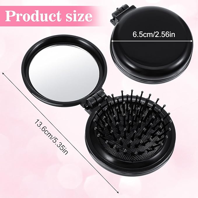 2PCS Folding Travel Mirror Hair Brushes, Round Folding Mirror Pocket Hairbrush, Foldable Hair-Brush with Makeup-Mirror for Women, Portable Mini Pop Up Hair-Brushes for Wet and Dry Hair (Black, Pink)