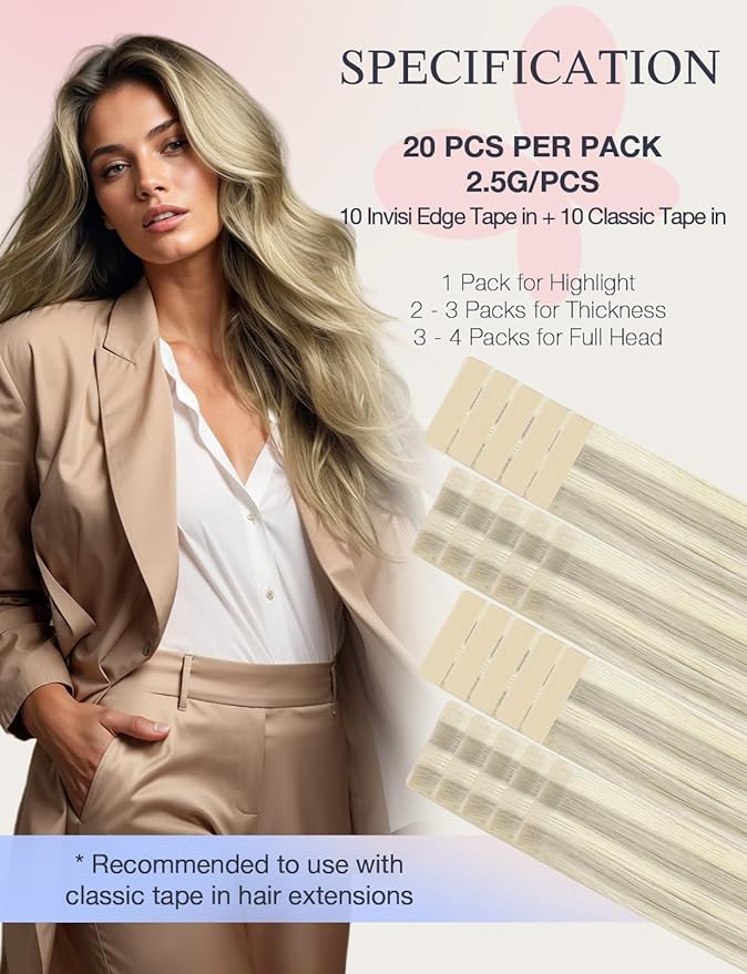 DOORES Invisi Edge Hair Extensions Tape in, Ash Blonde Highlighted Platinum Blonde 10 Injection Tape-ins with 10 Classic Tape-ins 50g 16 Inch, Injection Tape in Virgin Human Hair