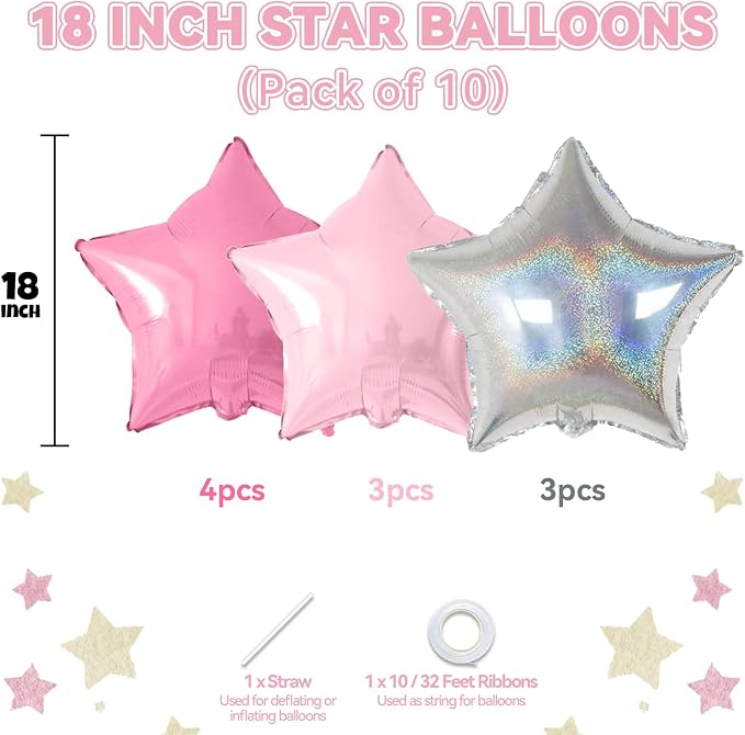 Pink and Silver Star Foil Balloons, 18 Inch Metallic Glitter Stars Balloons - Image 2