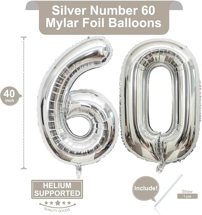 40 Inch Silver 60 Number Balloons Giant Jumbo Huge 60 Foil Mylar Helium Number - Image 2