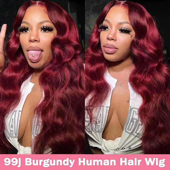 99J Burgundy Wig Human Hair 13x4 Body Wave Lace Front Wigs Human Hair 180 Density Pre Plucked Glueless Wine Red Colored Lace Front Wig for Women 24inch