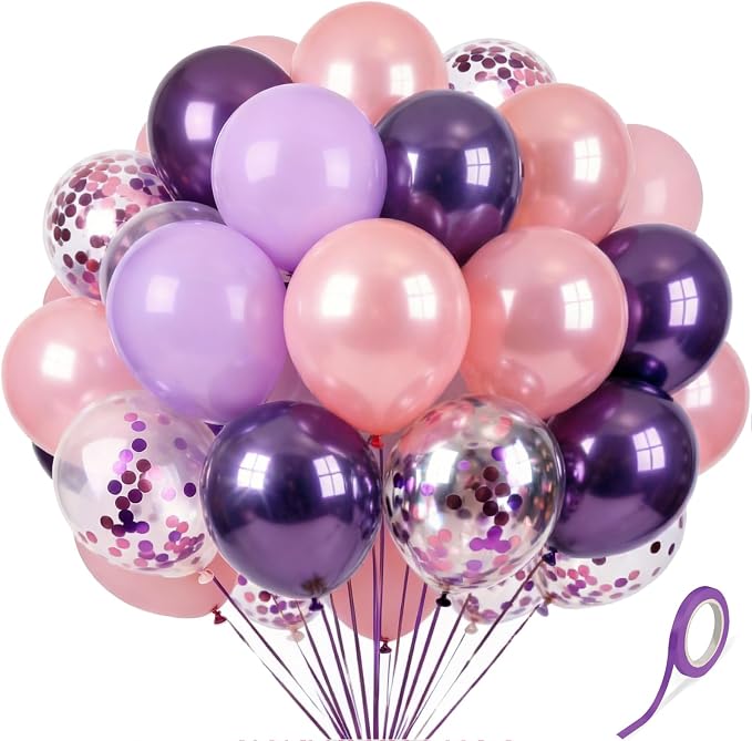Pink Purple Balloons 60Pcs 12 Inch Confetti Latex Balloon Kit by Kelfuoya