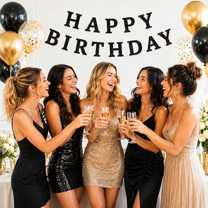 Happy Birthday Banner Black Glitter Birthday Party Banner Pre-Strung | Happy - Image 7