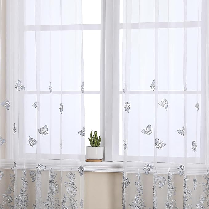 White Sheer Voile Curtains Blue Embossed Butterflies 54Wx96L Inch | Light - Image 3
