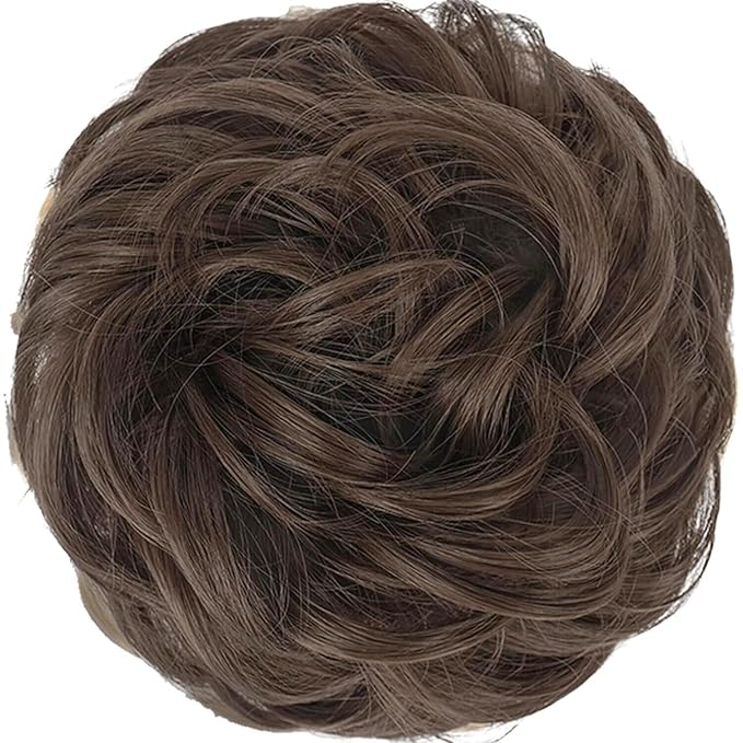 FESHFEN Messy Bun Hair Piece - Elastic Wavy Curly Hair Bun Scrunchies Extensions Synthetic Chignon Hairpieces for Women Girls, Medium Chestnut Brown 1.5 oz