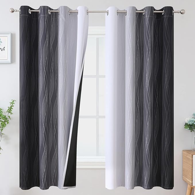 Ombre Greyish White Black Blackout Curtains & Drapes 63 Inch Length 2 Panels by ESTELARTEXTILER