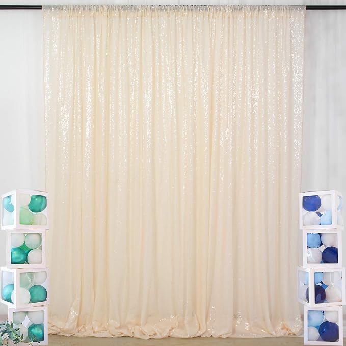 ShinyBeauty 8FT x 10FT Ivory Sequin Backdrop | Sparkle Fabric Drapes by ShinyBeauty