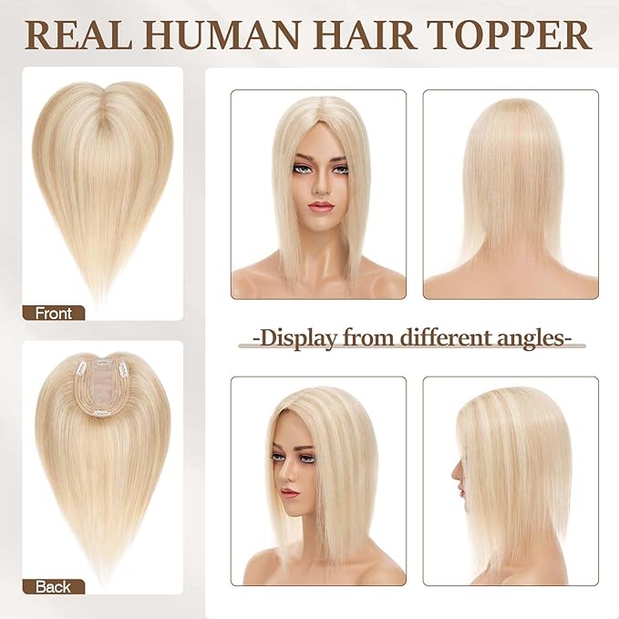 Rich Choices Hair Toppers for Women Real Human Hair 100% Human Remy Toppers NO Bangs with Thinning on Top Clip in Hairpiece 4"x4.7"Lace Base 12 Inch #18P613 Ash Blonde Highlights Bleach Blonde