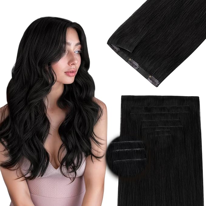 DOORES Hair Extensions Real Human Clip in 18 inch 130g 7pcs Invisi Edge, Seamless Clip in Hair Extensions Invisible Clipins Virgin Injected Skin Weft, 1 Jet Black