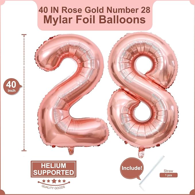 40 Inch Rose Gold 28 Balloons Giant Number 28 Balloons Rose Gold 28 Birthday - Image 2