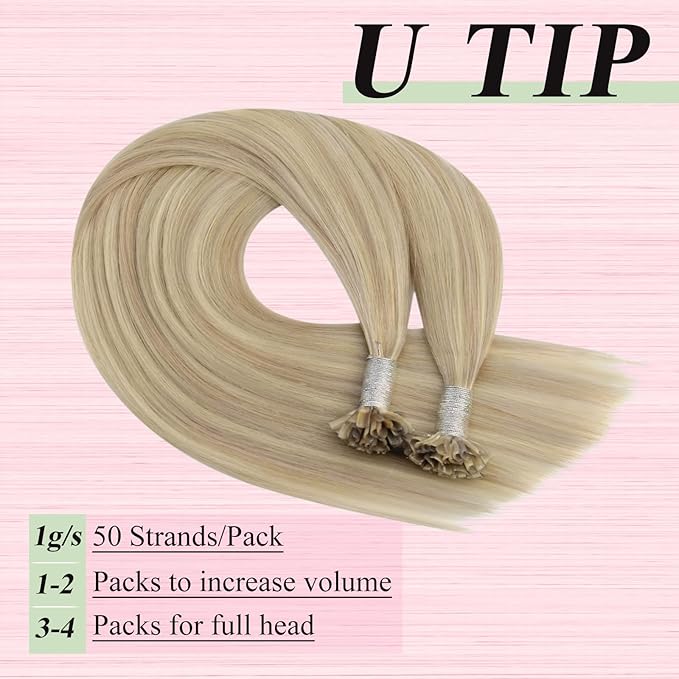 YoungSee U Tip Hair Extensions Human Hair Blonde Utip Hair Extensions Highlight Ash Blonde with Bleach Blond Keratin Hair Extension Real Human Hair Highlight K Tips Hair Extension 24In 1G/S 50G
