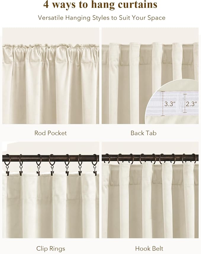 Ivory White Velvet Curtains for Nursery Back Tab, W62 x L84, Back tab Drapes - Image 2