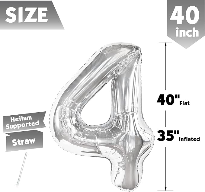 40 Inch Silver Number 4 Balloon Birthday Party Decorations - Image 5
