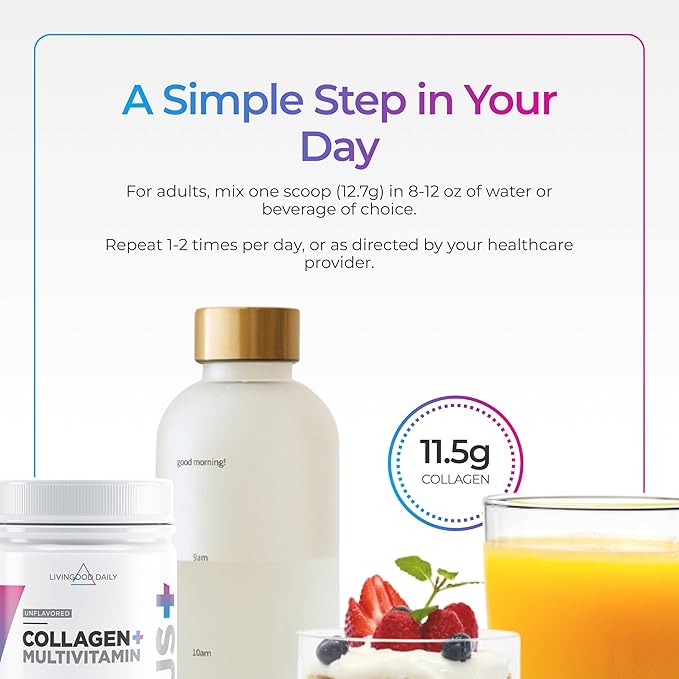 Livingood Daily Collagen Powder for Women & Men, Unflavored, Grass Fed Hydrolyzed Collagen Peptides, Protein & Multivitamins for Healthy Hair, Skin & Nails, Keto & Paleo, Gluten Free, 30 Servings