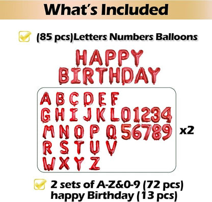 16" Red Letter Number Balloons, Happy Birthday & 2 Sets of A-Z 0-9, Foil Mylar - Image 3