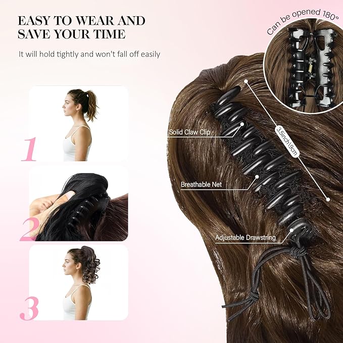 Clip on Ponytails for Women - 12 Inch Curly Ponytail Extension, Wavy Pony Tails Hair Extensions, Synthetic Hair Extensions Ponytail, Clip in Ponytail (Color: Chestnut Brown With Golden Highlights)