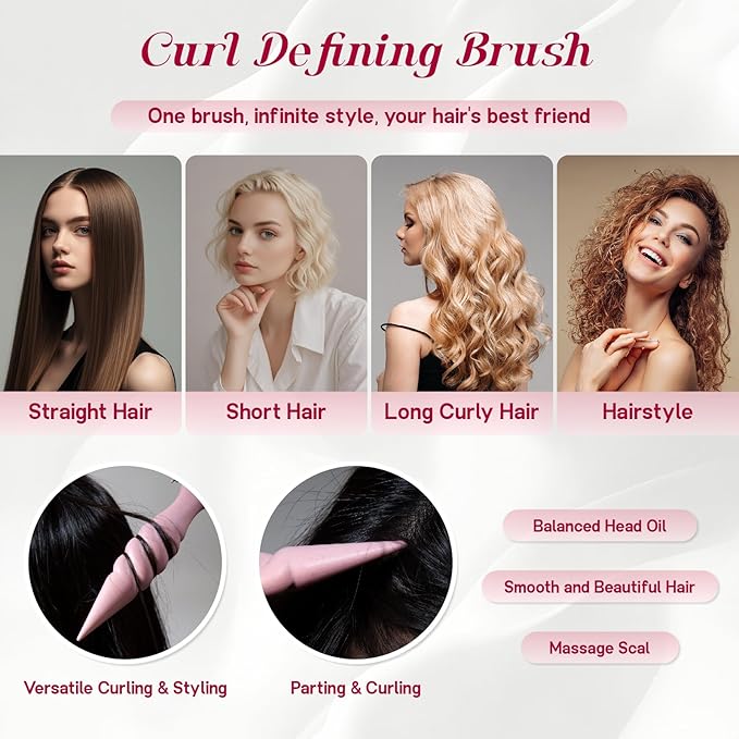 Curly Hair Brush, 5-in-1 Detangling & Curl Defining Brush for Curly Hair Wet or Dry, Shaping & Styling Brushes with Less Pulling for Women & Men (Pink)