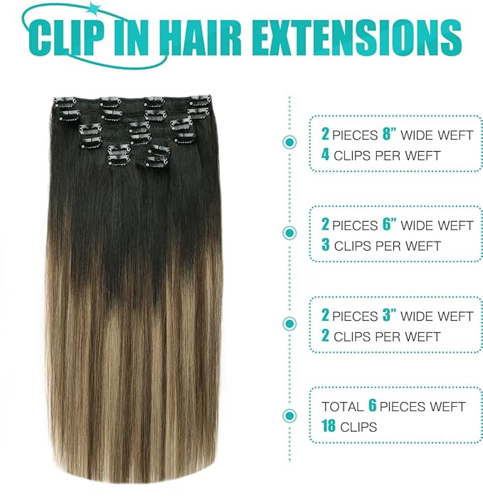 SURNEL Clip in Extensions Human Hair Natural Black to Chocolate Brown and Caramel Blonde Clip in Hair Extensions 18inch 6pcs 120g(#1B/4/27,18'')