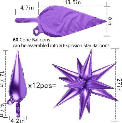 60 Pcs Star Balloons Explosion 12 Point Foil Cone Balloons Magic Balloon Large - Image 4