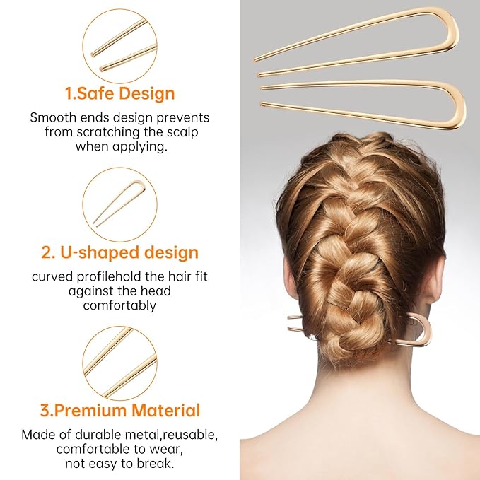 BEoffer French Hair Pin 3PCS Metal Hair Pins for Women Elegant French Twists, Buns and Updos with No Hair Damage, U-shaped French Pin Great Hold and Comfortable Keeps Hair in Place (Gold)
