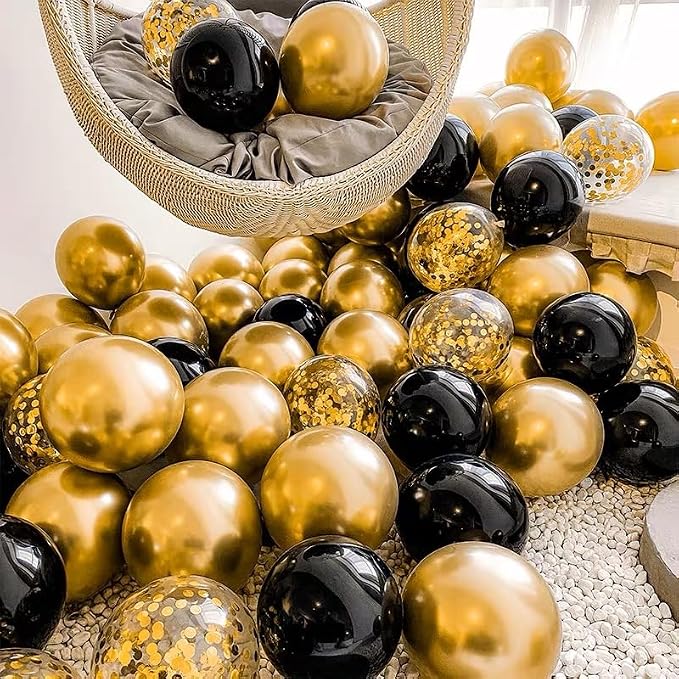 Bezente Black Gold Confetti Latex Balloons 60 Pack 12 inch | Black Gold - Image 3